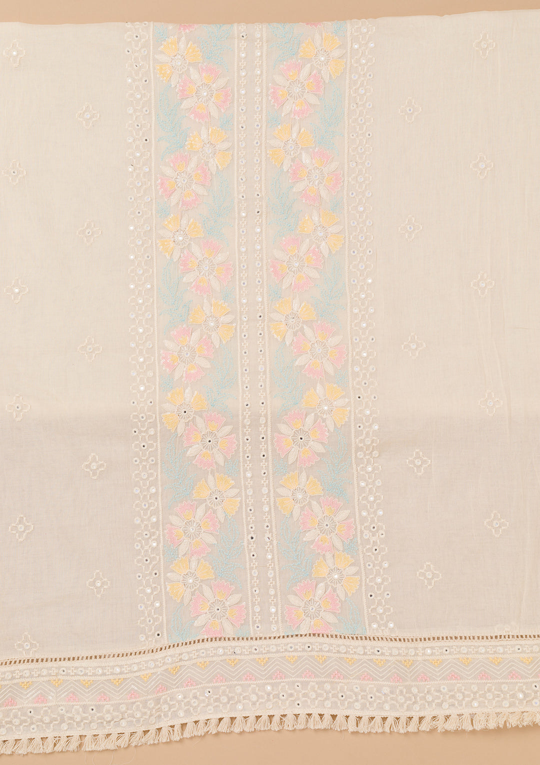 Cream Threadwork Cotton Unstitched Salwar Suit