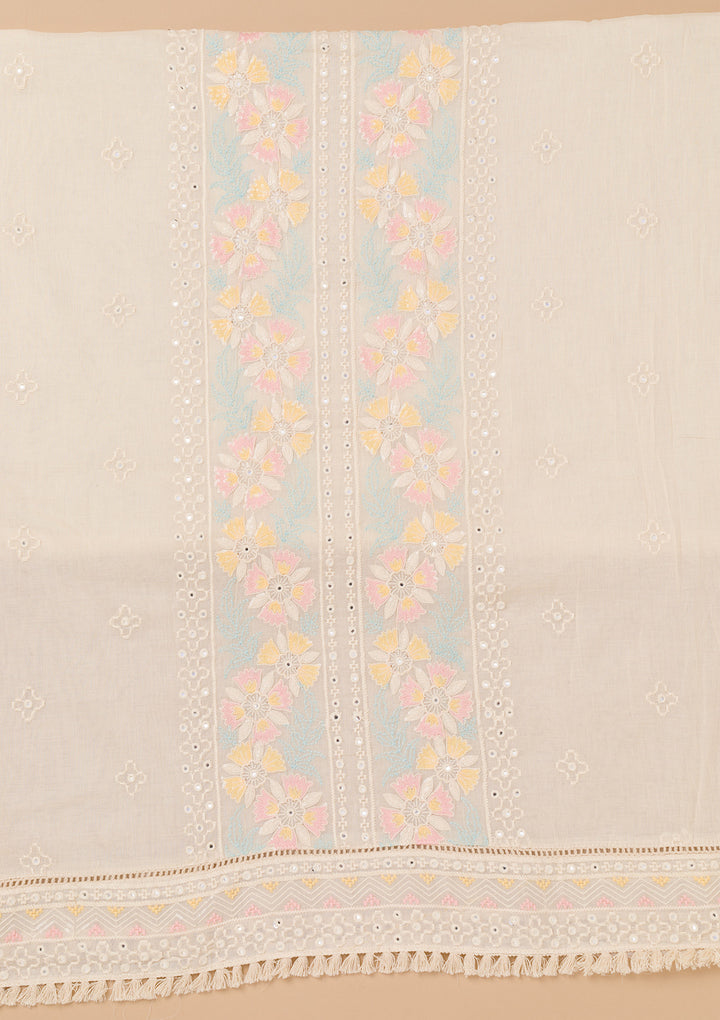 Cream Threadwork Cotton Unstitched Salwar Suit