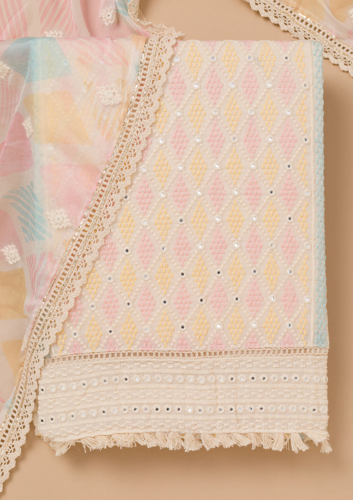 Cream Threadwork Cotton Unstitched Salwar Suit