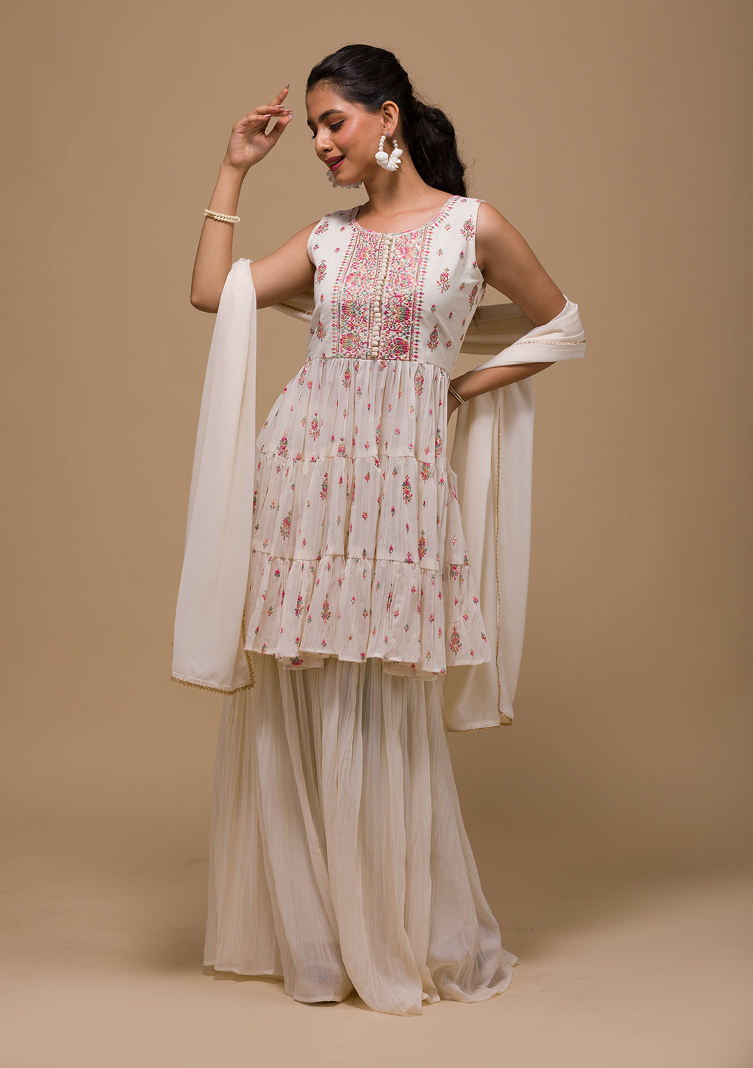 Cream Threadwork Georgette Readymade Salwar Suit-Koskii