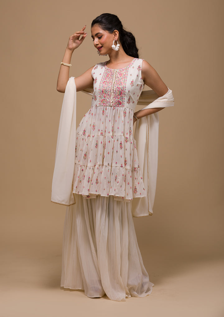Cream Threadwork Georgette Readymade Salwar Suit-Koskii