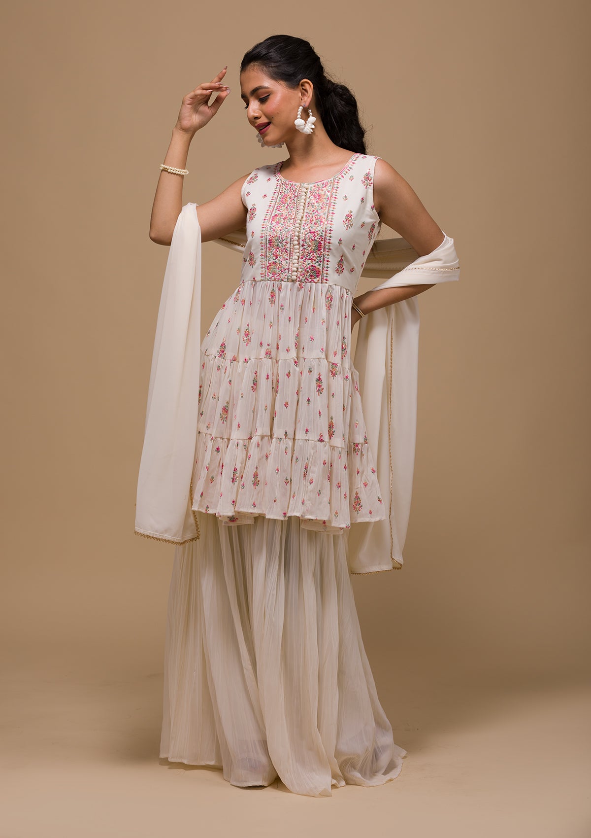 Cream Threadwork Georgette Readymade Salwar Suit-Koskii
