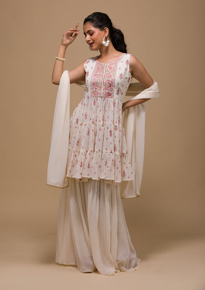Cream Threadwork Georgette Readymade Salwar Suit-Koskii