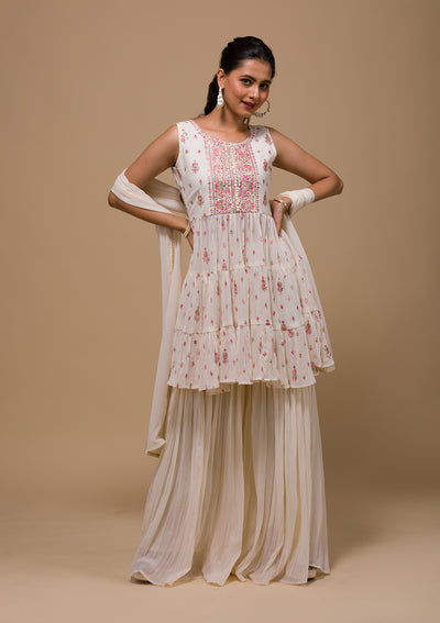 Cream Threadwork Georgette Readymade Salwar Suit-Koskii