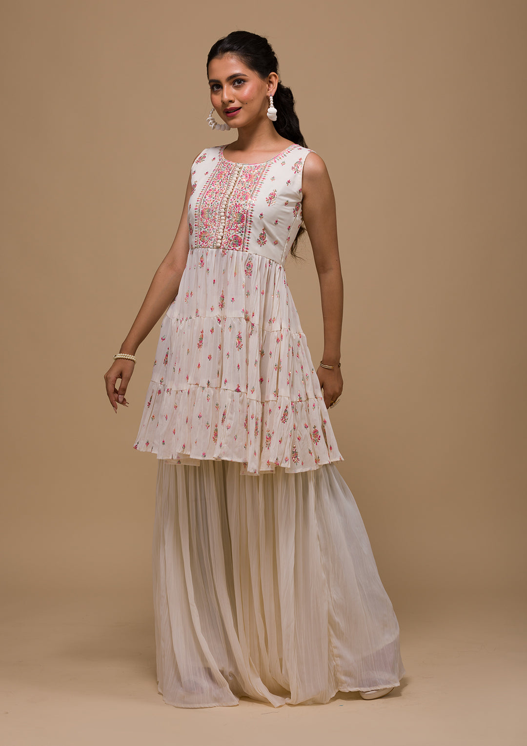 Cream Threadwork Georgette Readymade Salwar Suit-Koskii
