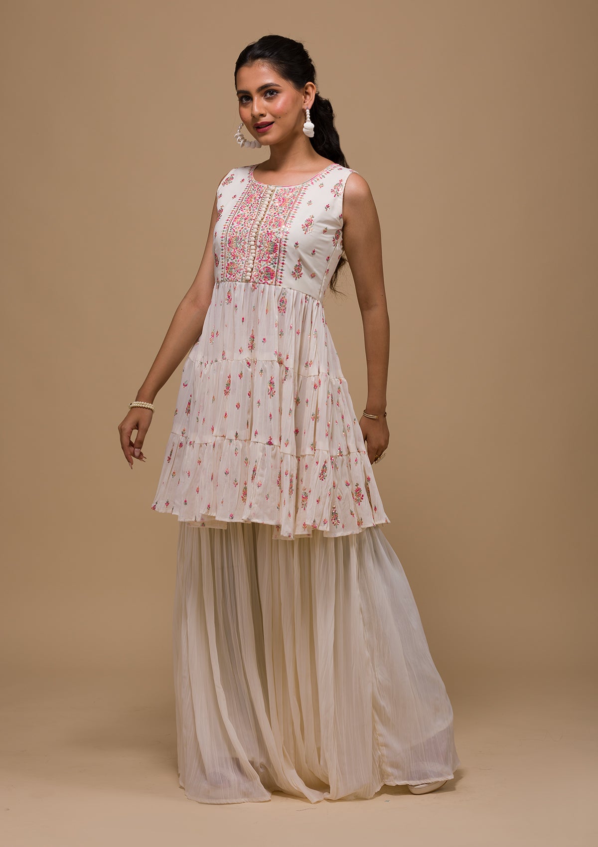 Cream Threadwork Georgette Readymade Salwar Suit-Koskii