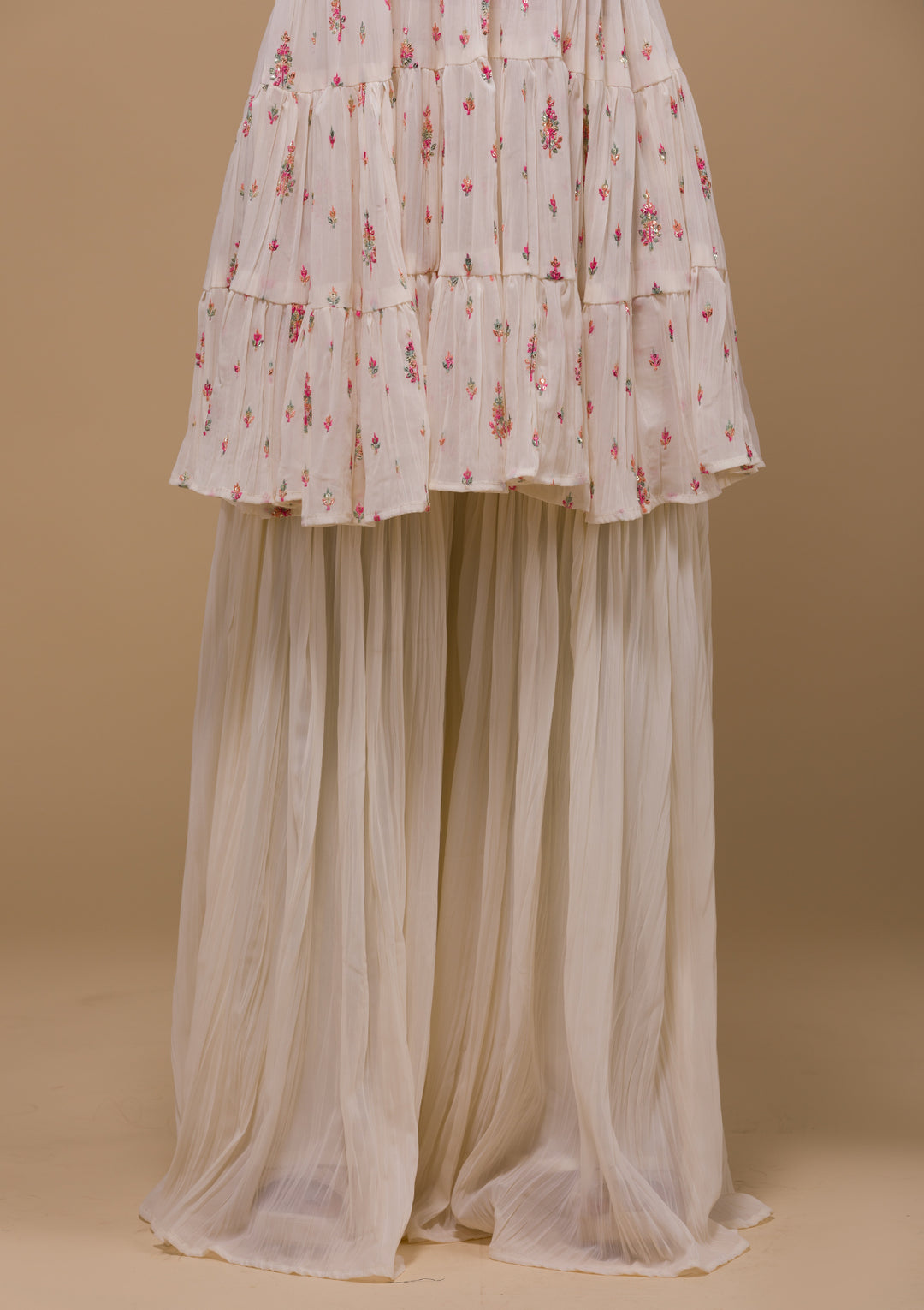 Cream Threadwork Georgette Readymade Salwar Suit-Koskii