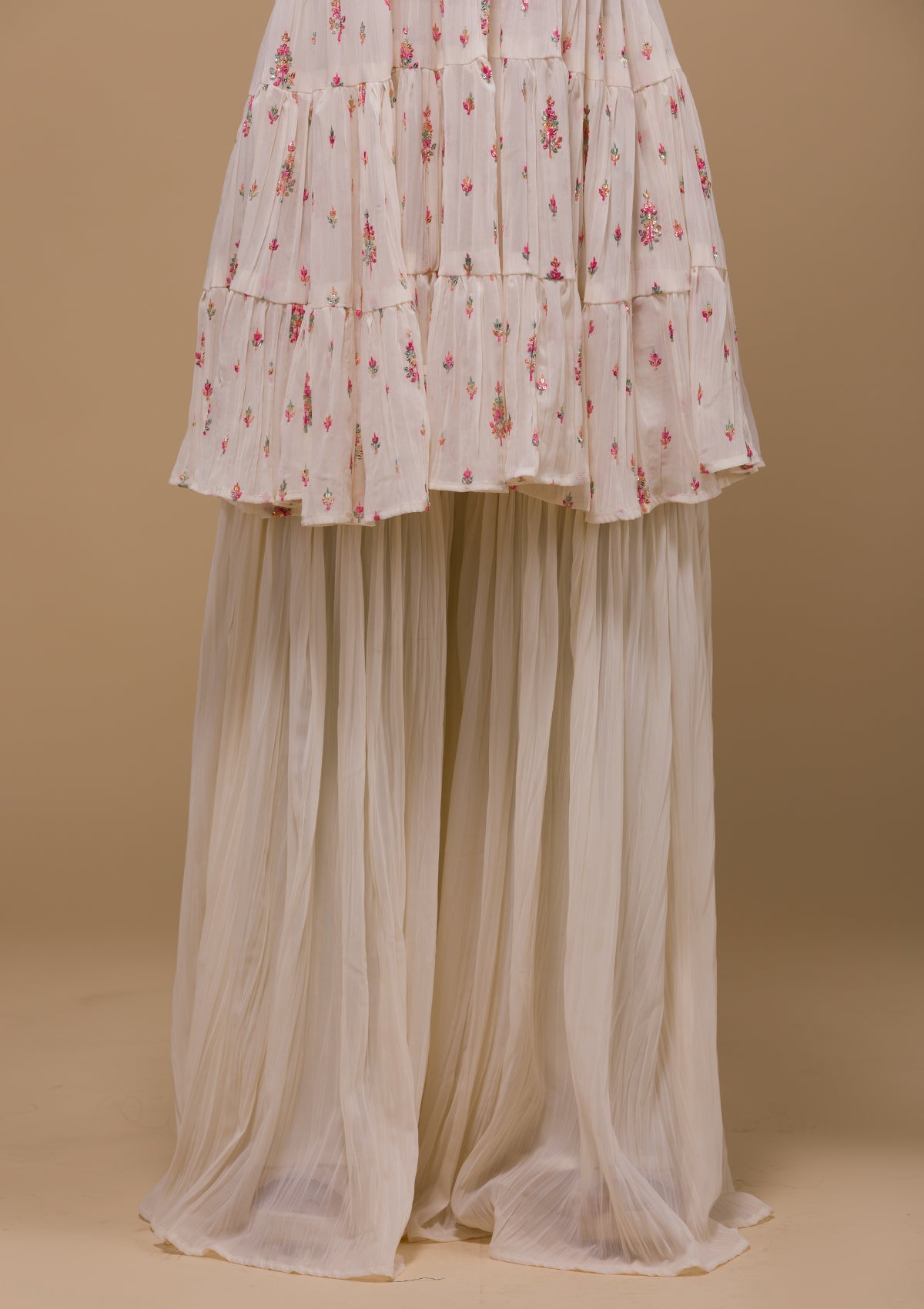 Cream Threadwork Georgette Readymade Salwar Suit-Koskii