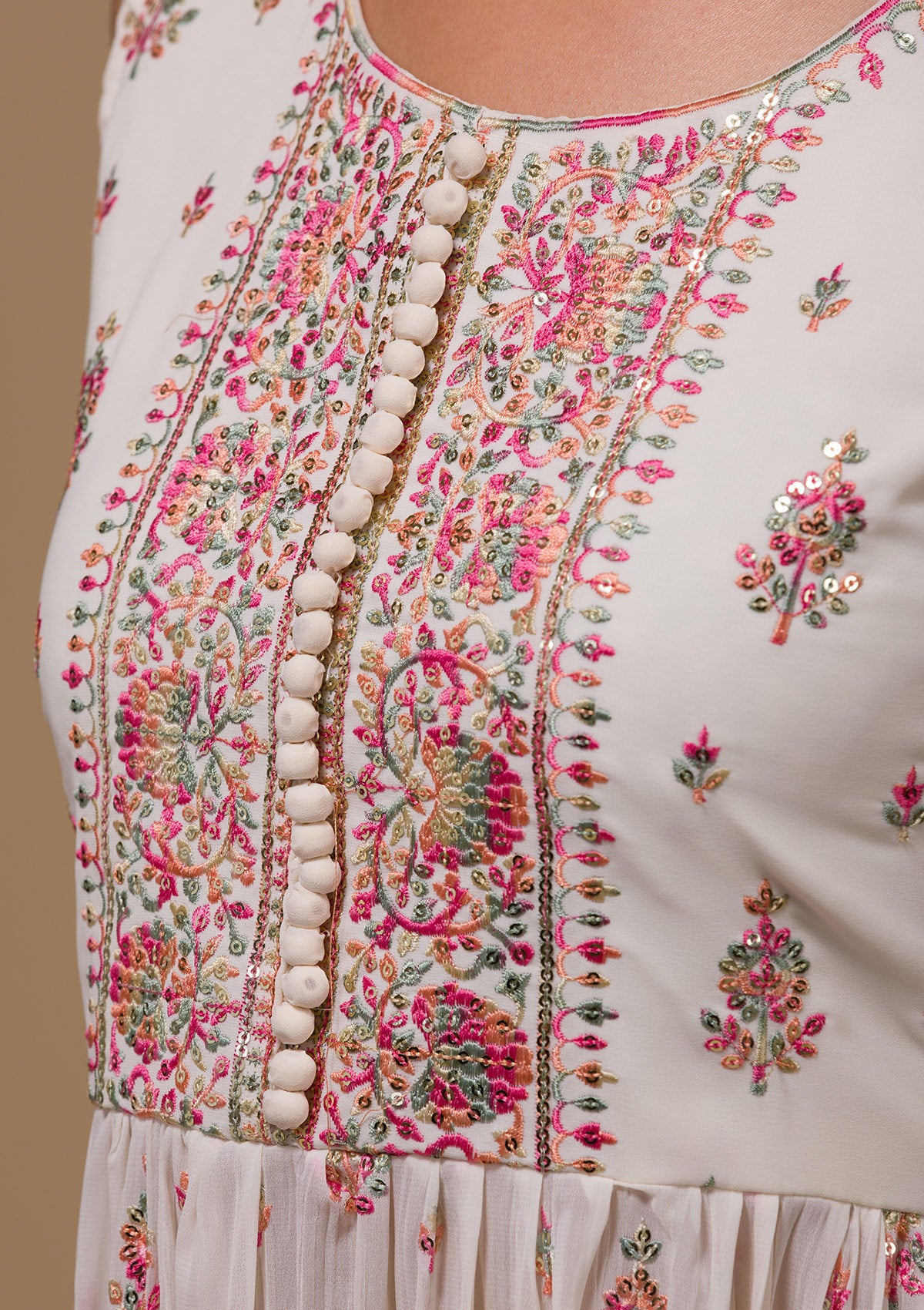 Cream Threadwork Georgette Readymade Salwar Suit-Koskii
