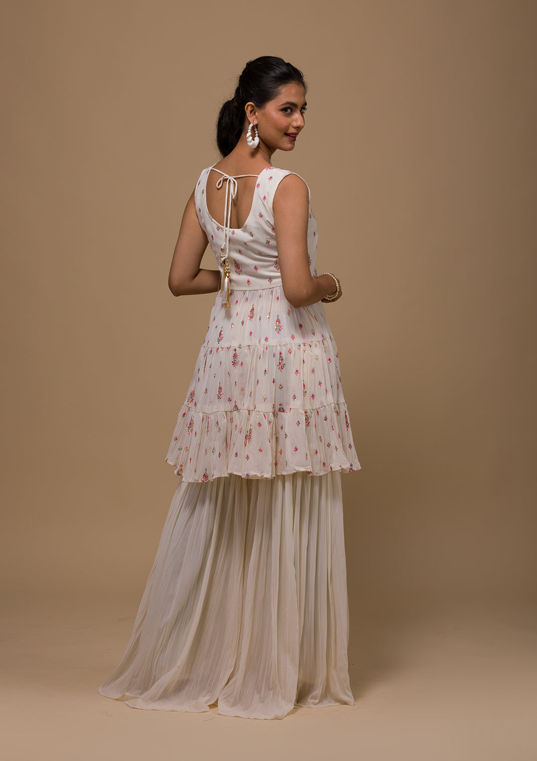 Cream Threadwork Georgette Readymade Salwar Suit-Koskii