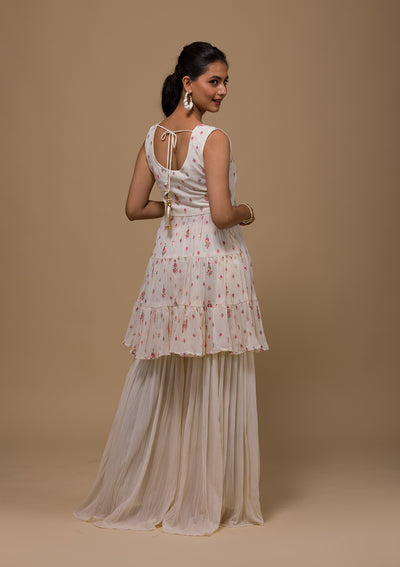 Cream Threadwork Georgette Readymade Salwar Suit-Koskii