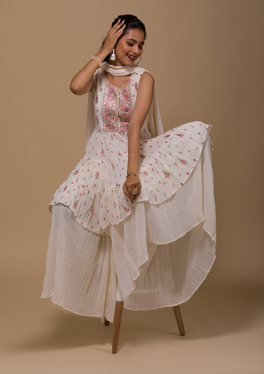 Cream Threadwork Georgette Readymade Salwar Suit-Koskii
