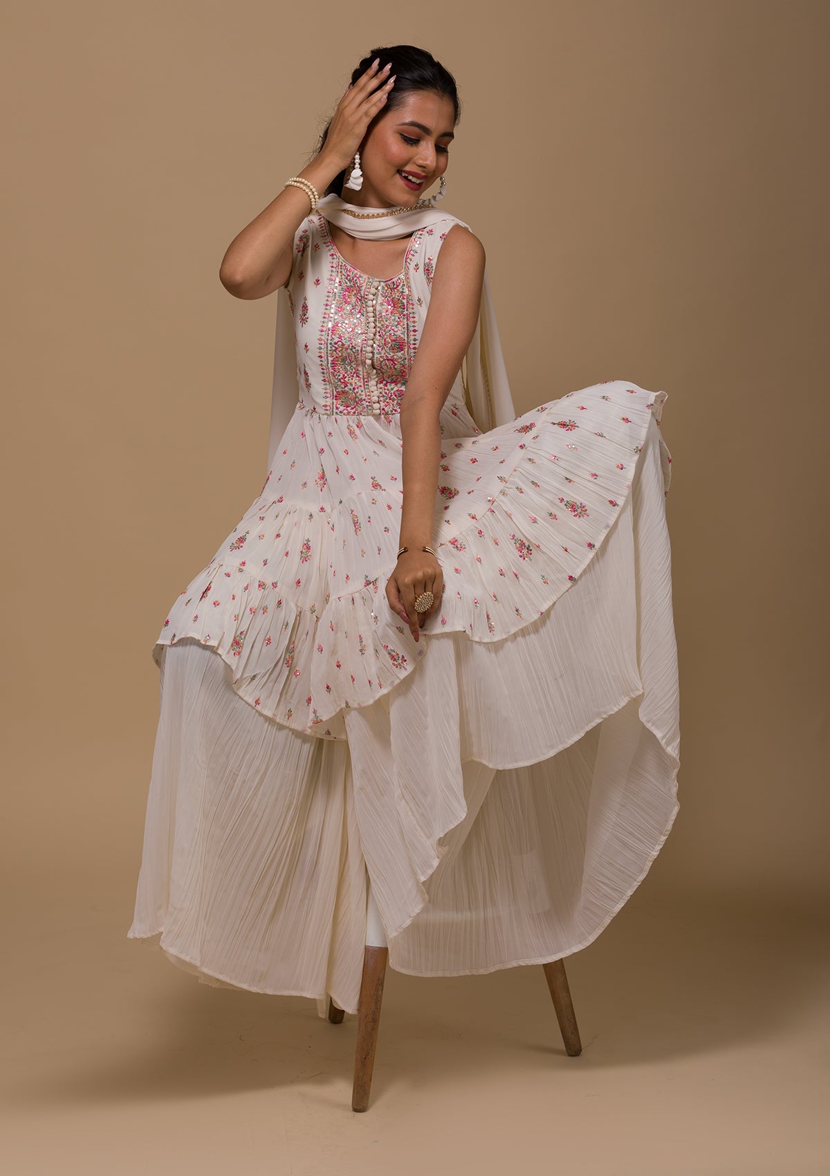 Cream Threadwork Georgette Readymade Salwar Suit-Koskii