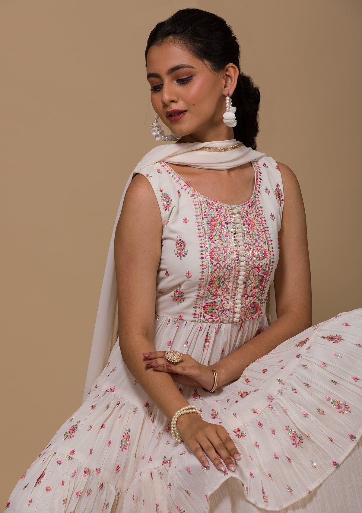 Cream Threadwork Georgette Readymade Salwar Suit-Koskii