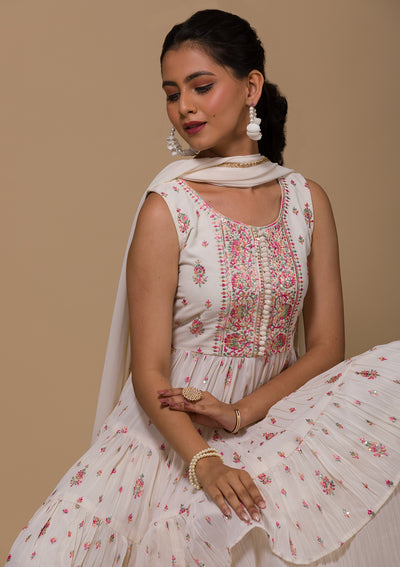 Cream Threadwork Georgette Readymade Salwar Suit-Koskii