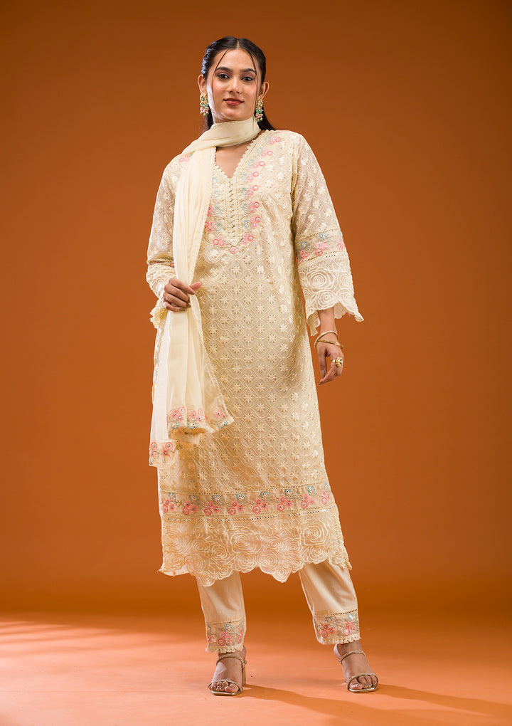 Cream Threadwork Georgette Readymade Salwar Suit