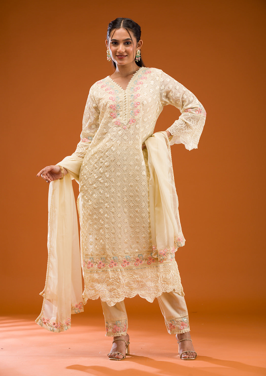 Cream Threadwork Georgette Readymade Salwar Suit