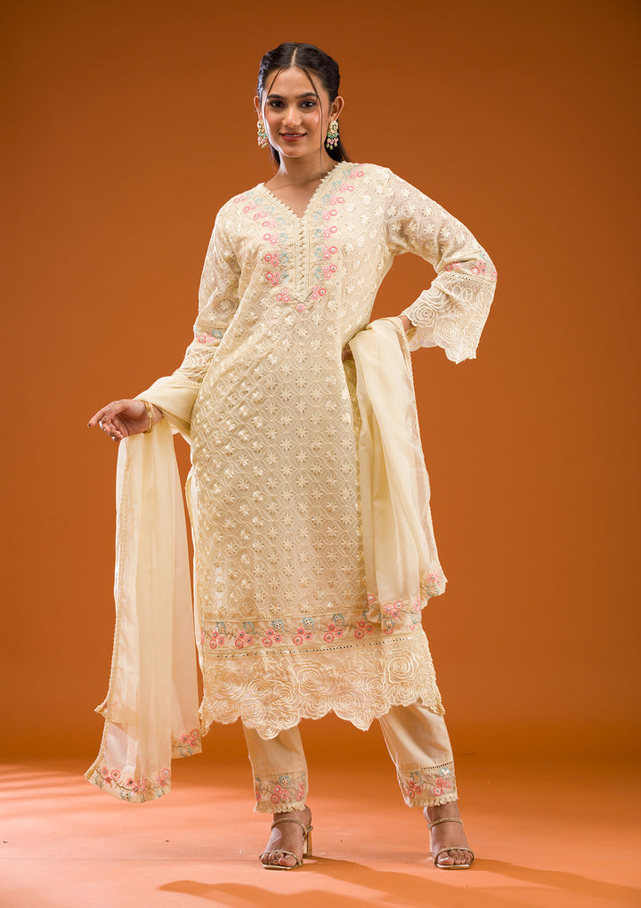 Cream Threadwork Georgette Readymade Salwar Suit