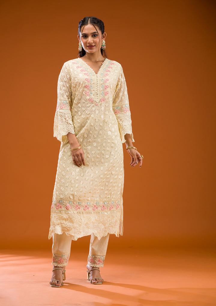 Cream Threadwork Georgette Readymade Salwar Suit