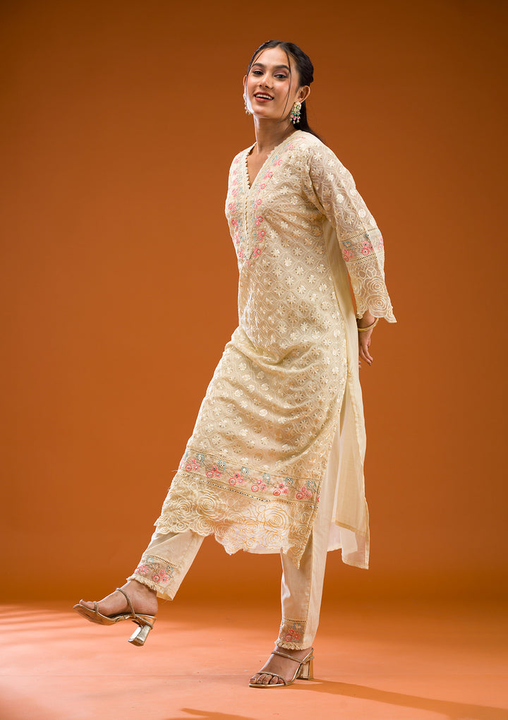 Cream Threadwork Georgette Readymade Salwar Suit