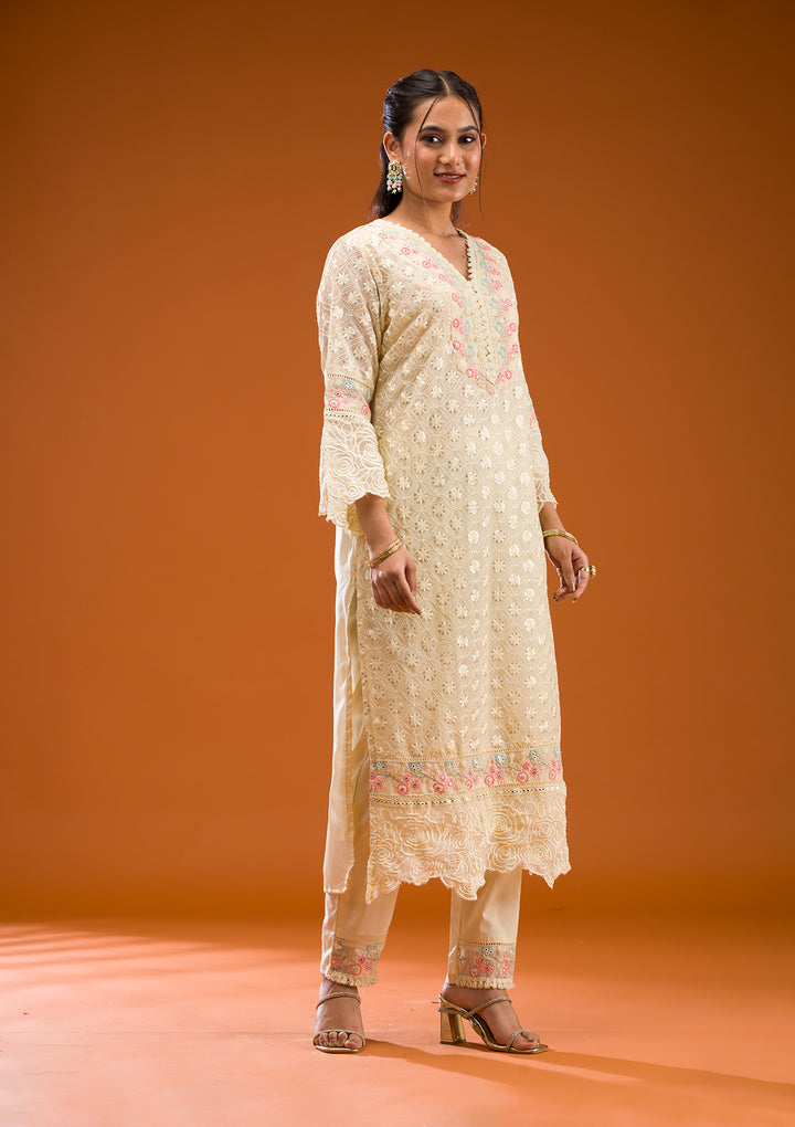 Cream Threadwork Georgette Readymade Salwar Suit