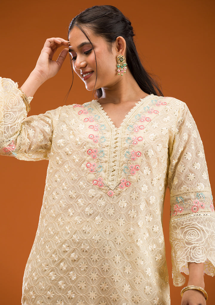 Cream Threadwork Georgette Readymade Salwar Suit