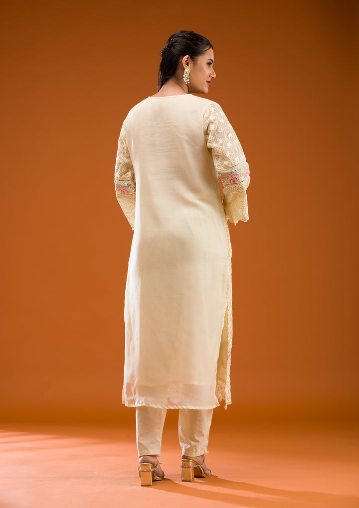 Cream Threadwork Georgette Readymade Salwar Suit
