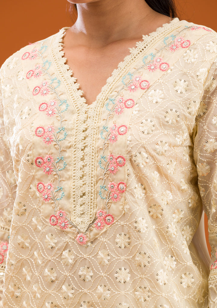 Cream Threadwork Georgette Readymade Salwar Suit