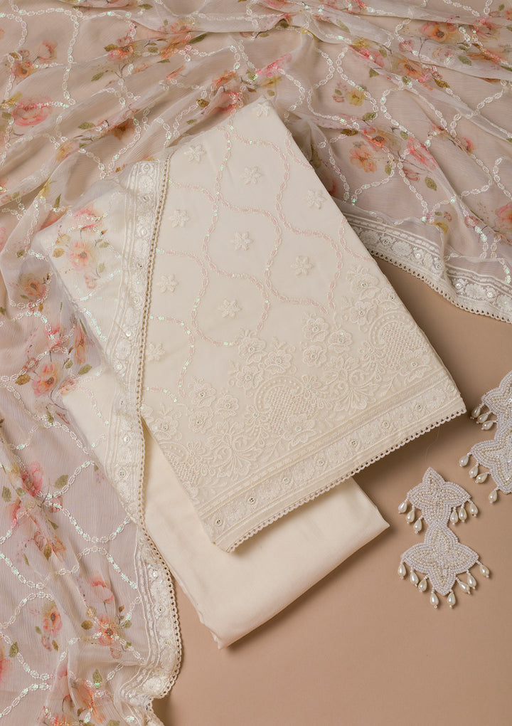 Cream Threadwork Georgette Unstitched Salwar Suit
