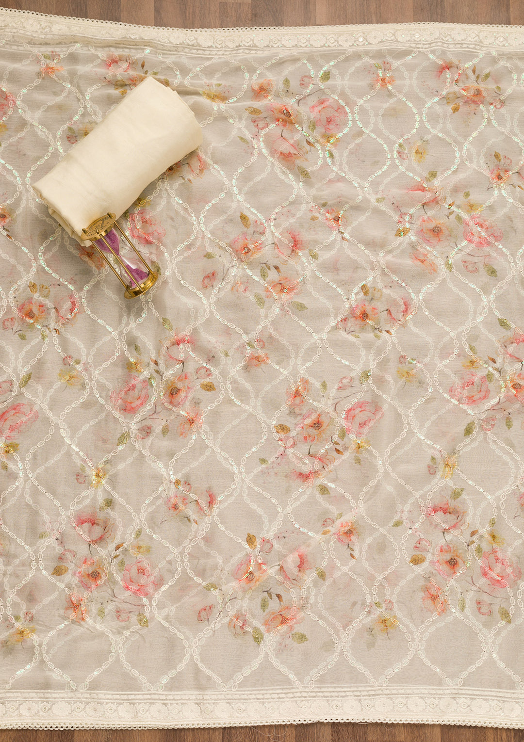 Cream Threadwork Georgette Unstitched Salwar Suit