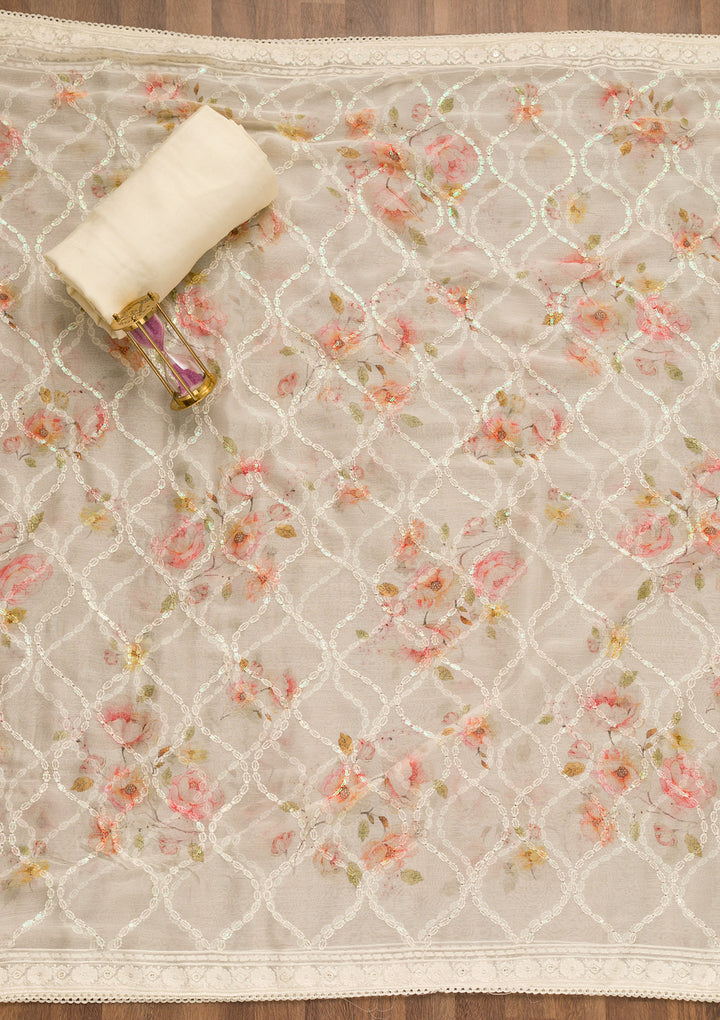 Cream Threadwork Georgette Unstitched Salwar Suit