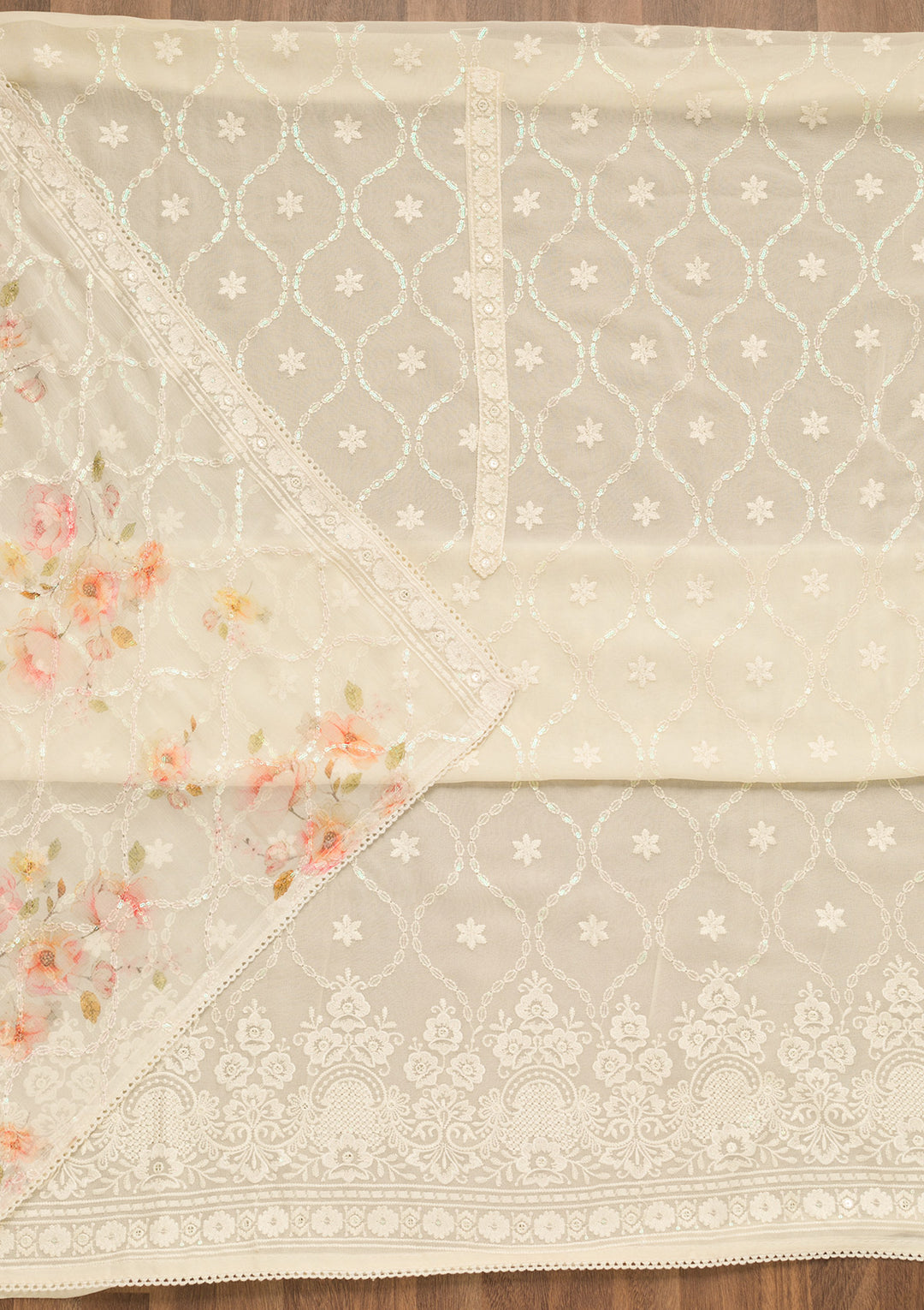 Cream Threadwork Georgette Unstitched Salwar Suit