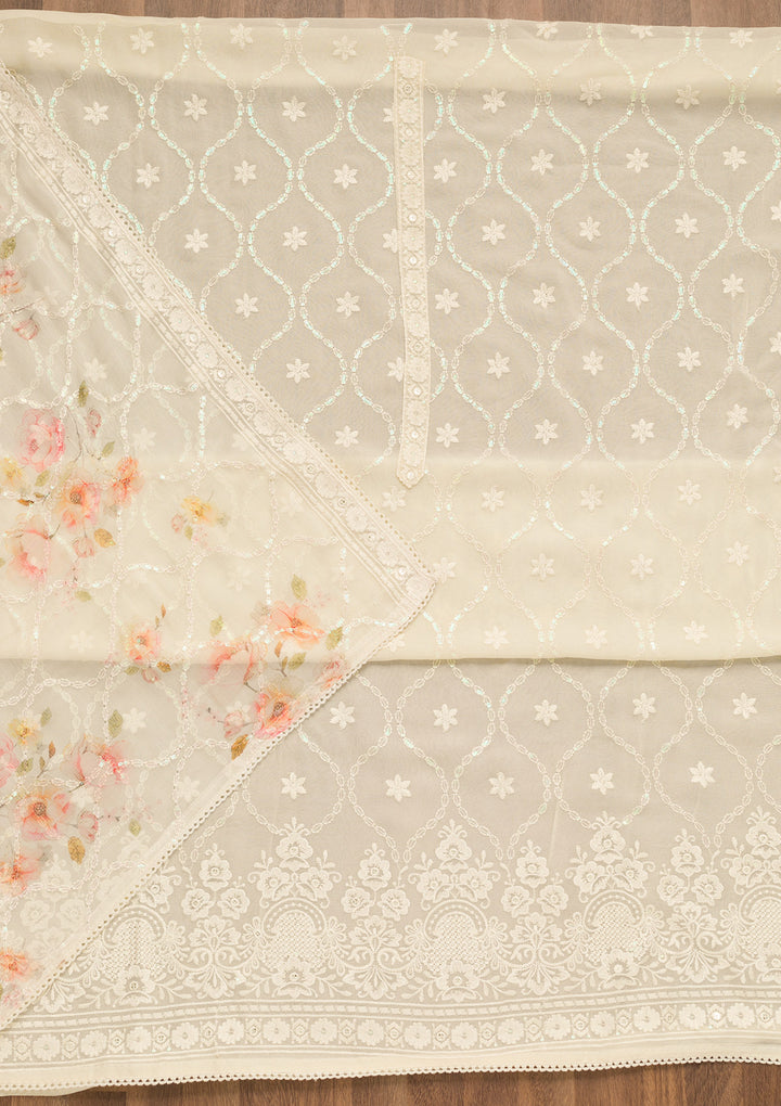 Cream Threadwork Georgette Unstitched Salwar Suit