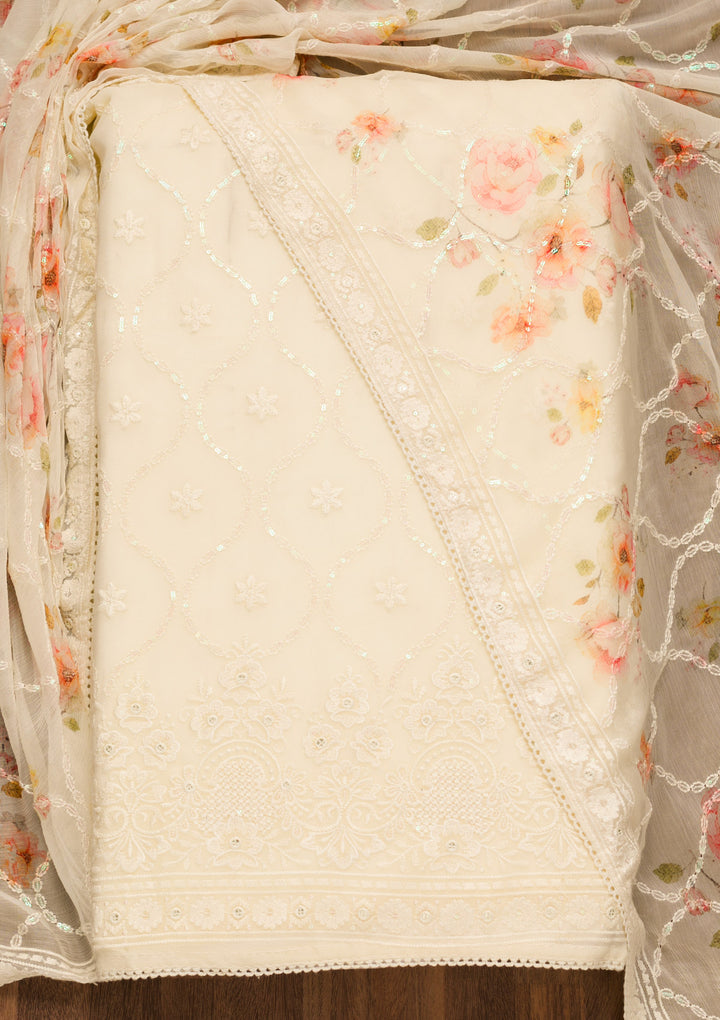 Cream Threadwork Georgette Unstitched Salwar Suit