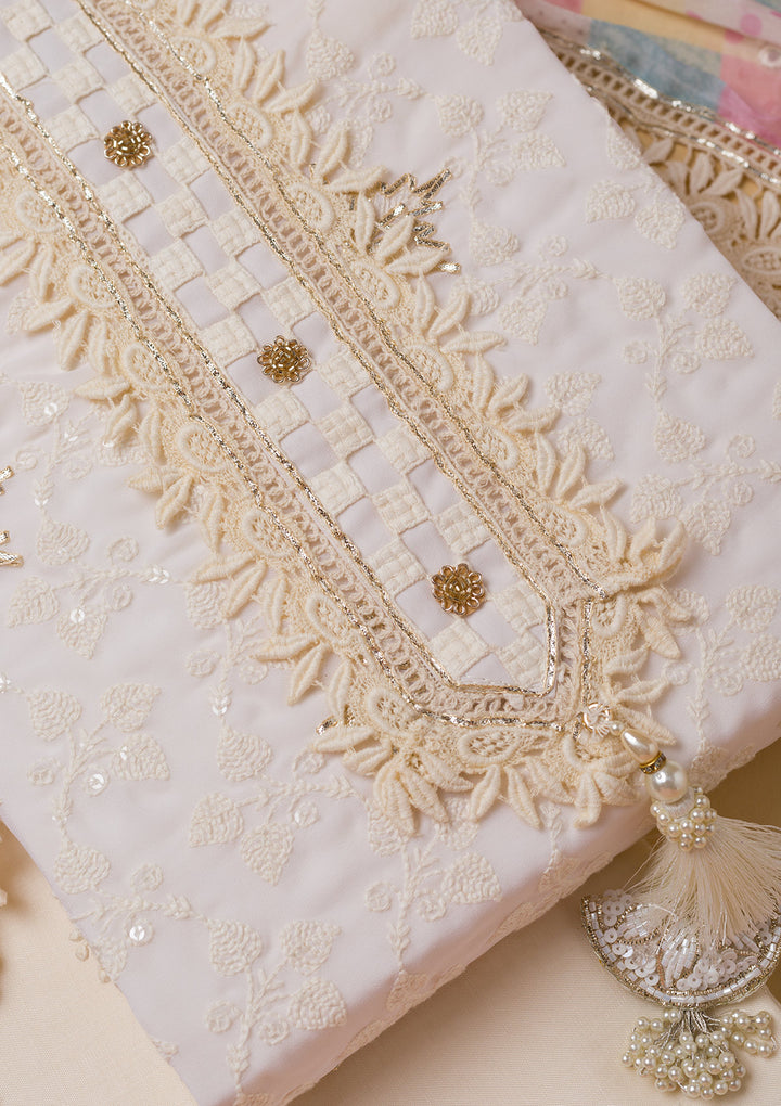 Cream Threadwork Georgette Unstitched Salwar Suit