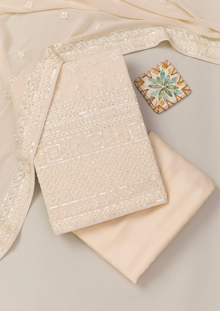 Cream Threadwork Georgette Unstitched Salwar Suit