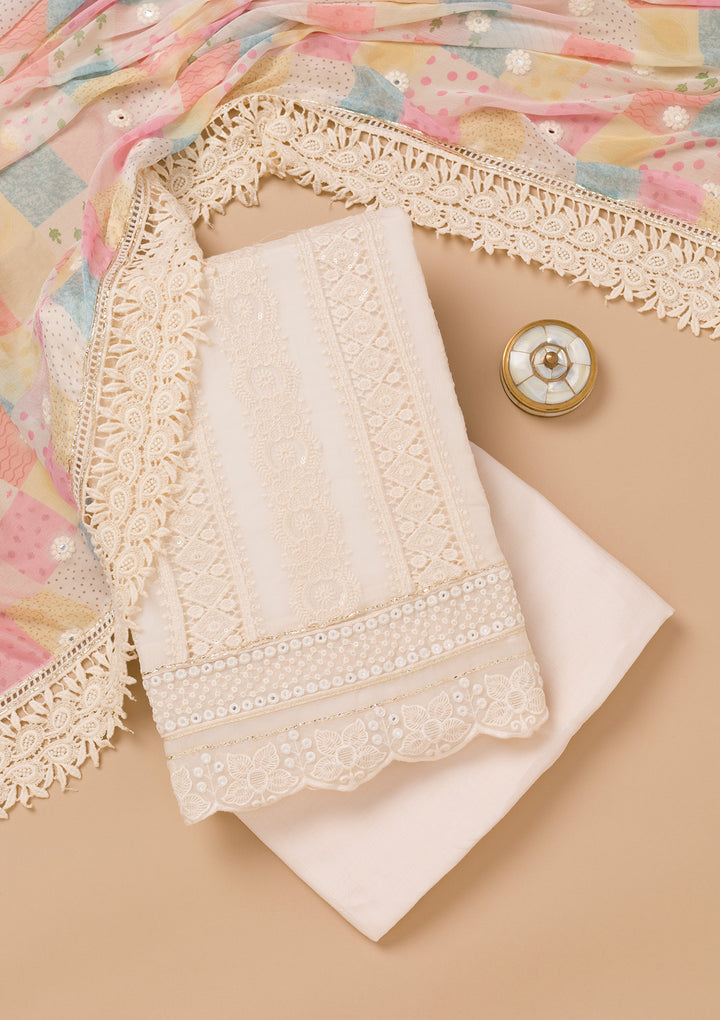 Cream Threadwork Georgette Unstitched Salwar Suit