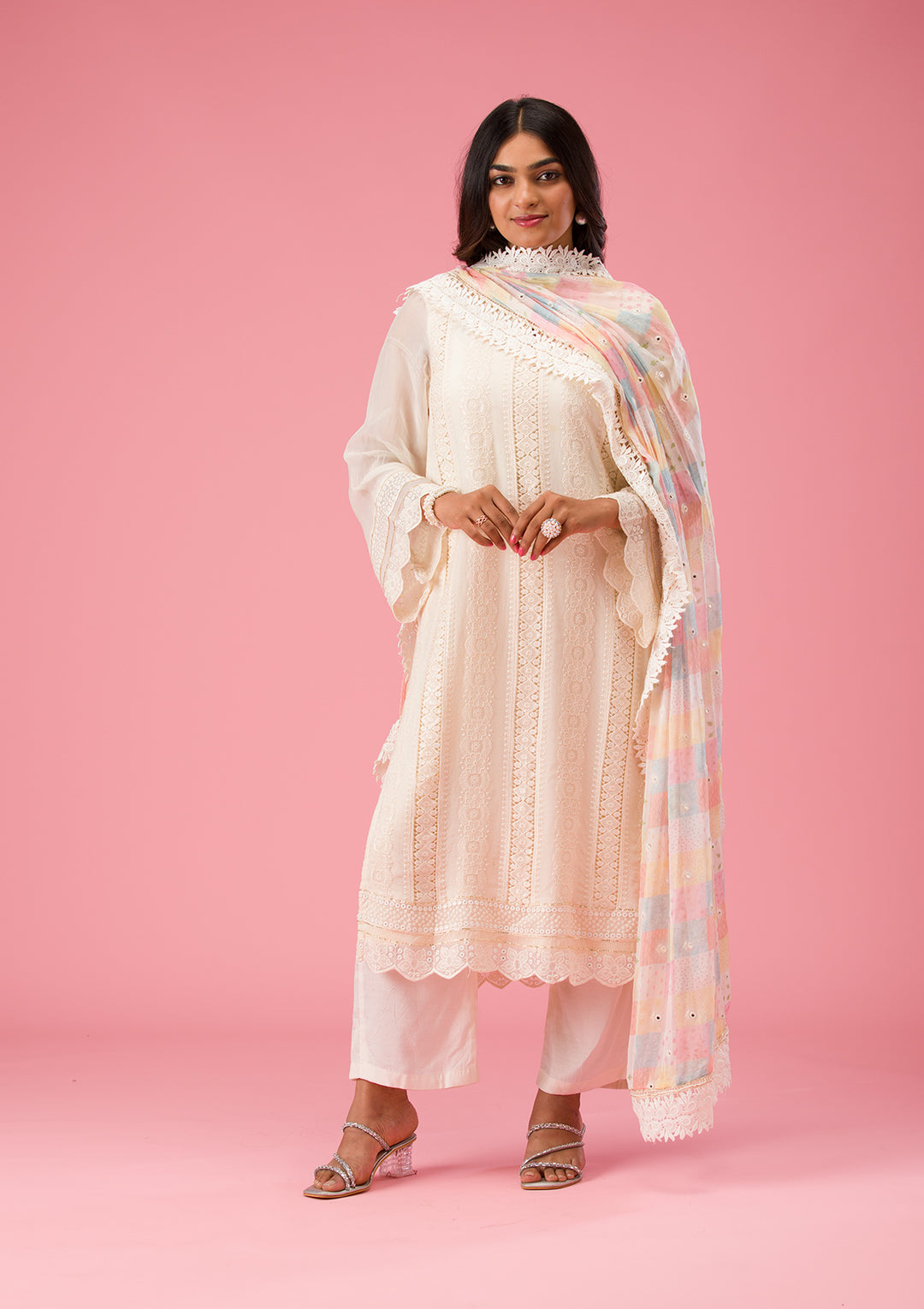 Cream Threadwork Georgette Unstitched Salwar Suit