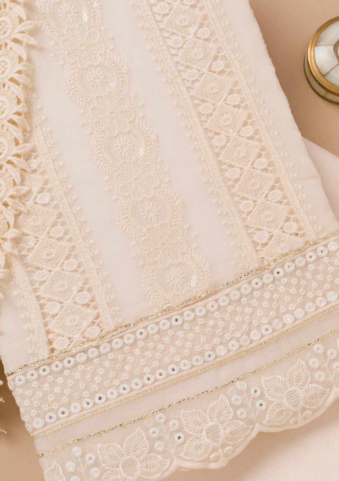 Cream Threadwork Georgette Unstitched Salwar Suit