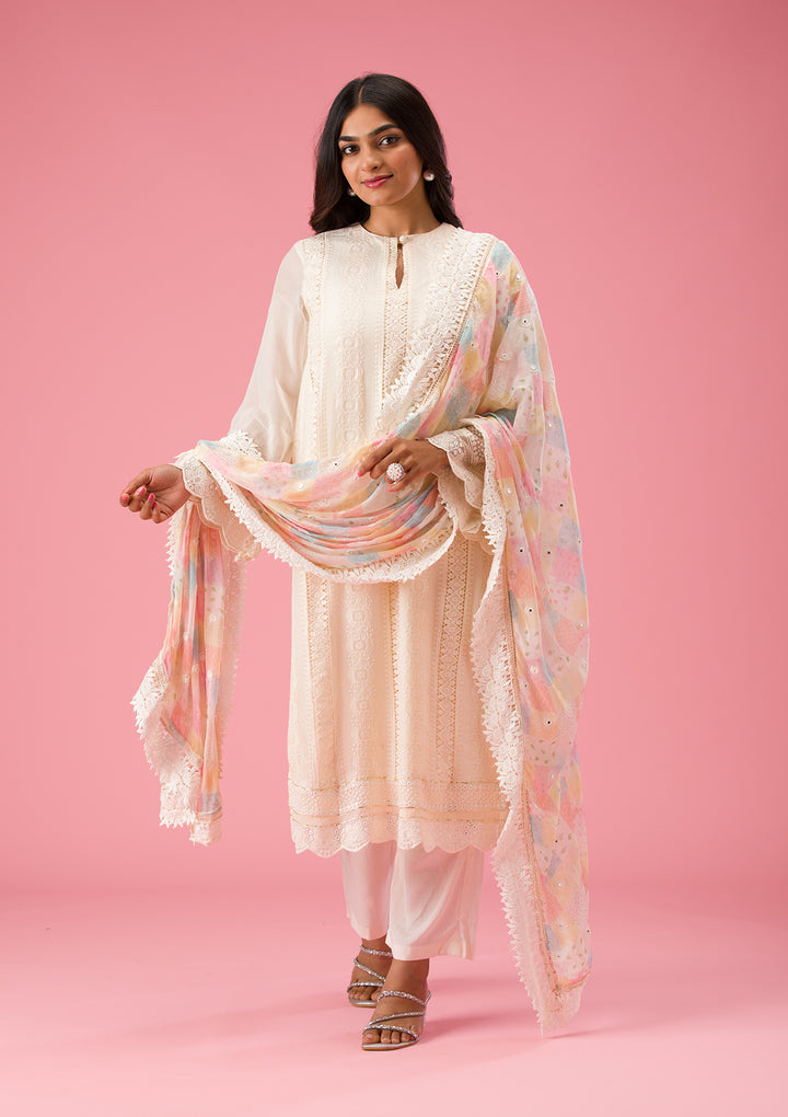 Cream Threadwork Georgette Unstitched Salwar Suit