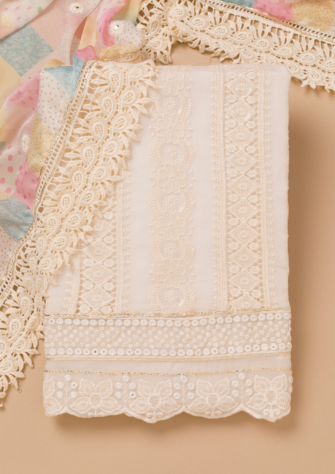 Cream Threadwork Georgette Unstitched Salwar Suit