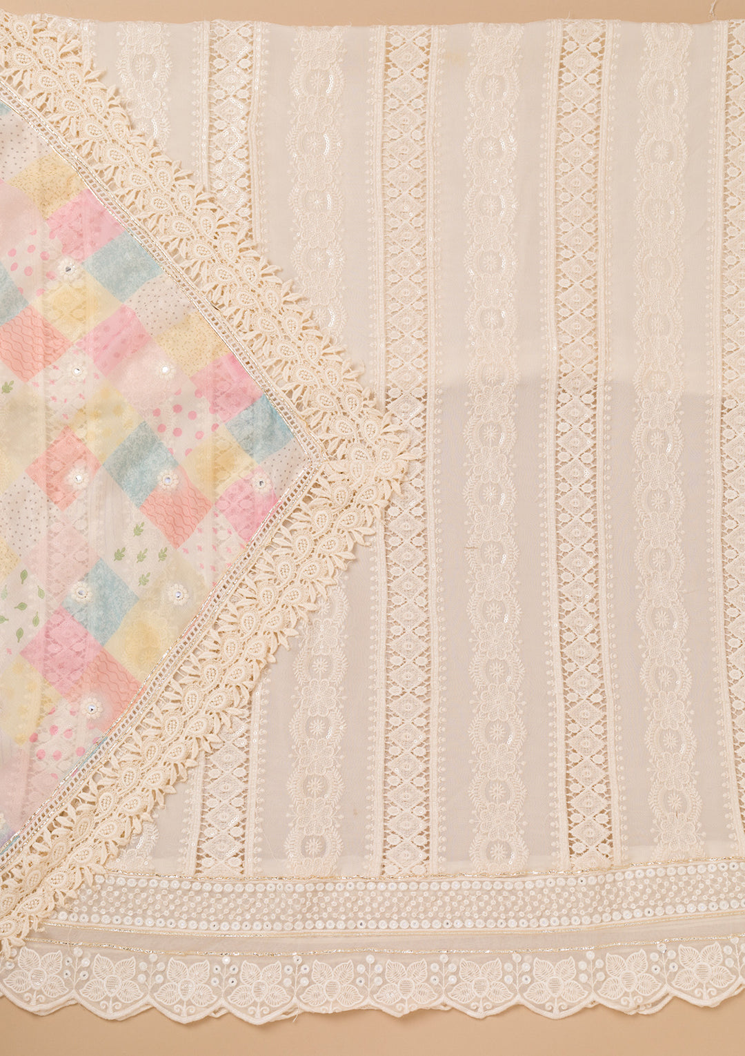 Cream Threadwork Georgette Unstitched Salwar Suit
