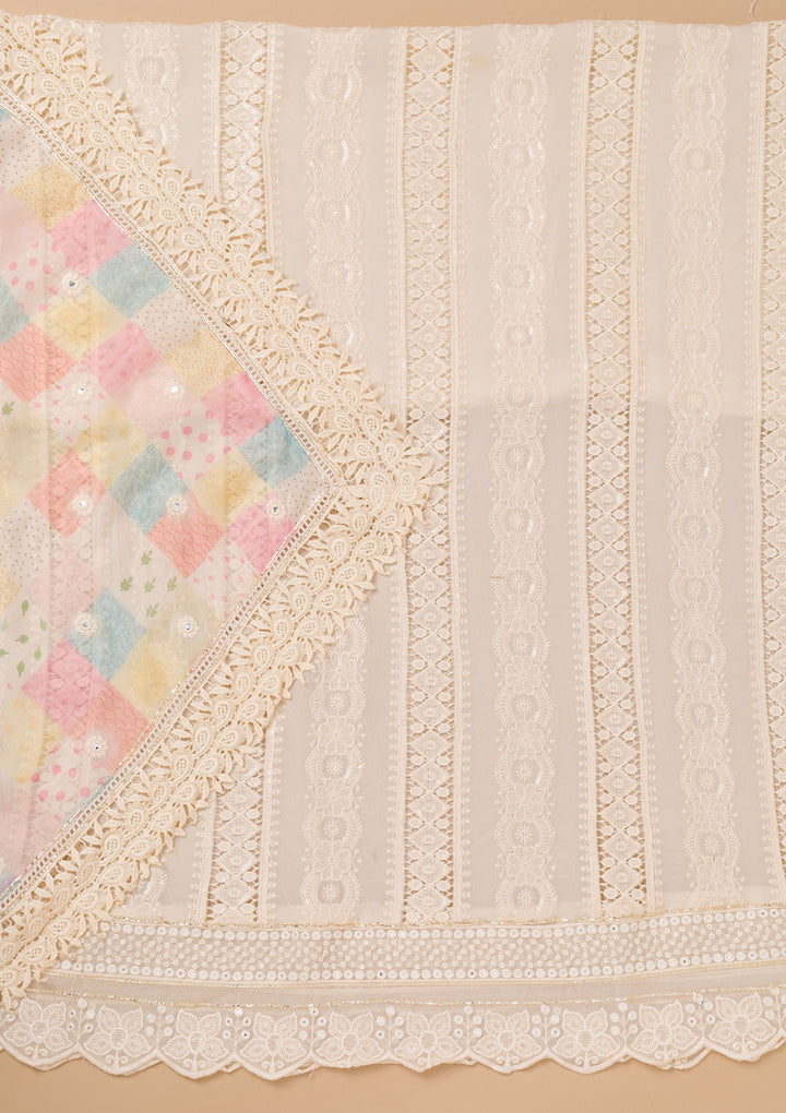 Cream Threadwork Georgette Unstitched Salwar Suit