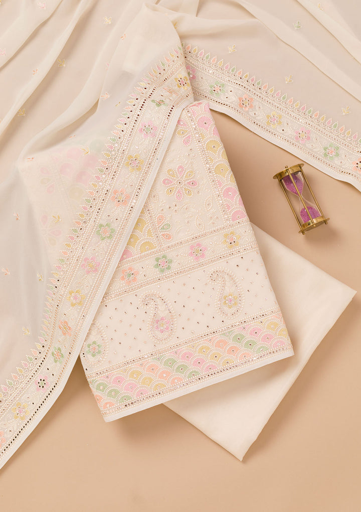 Cream Threadwork Georgette Unstitched Salwar Suit