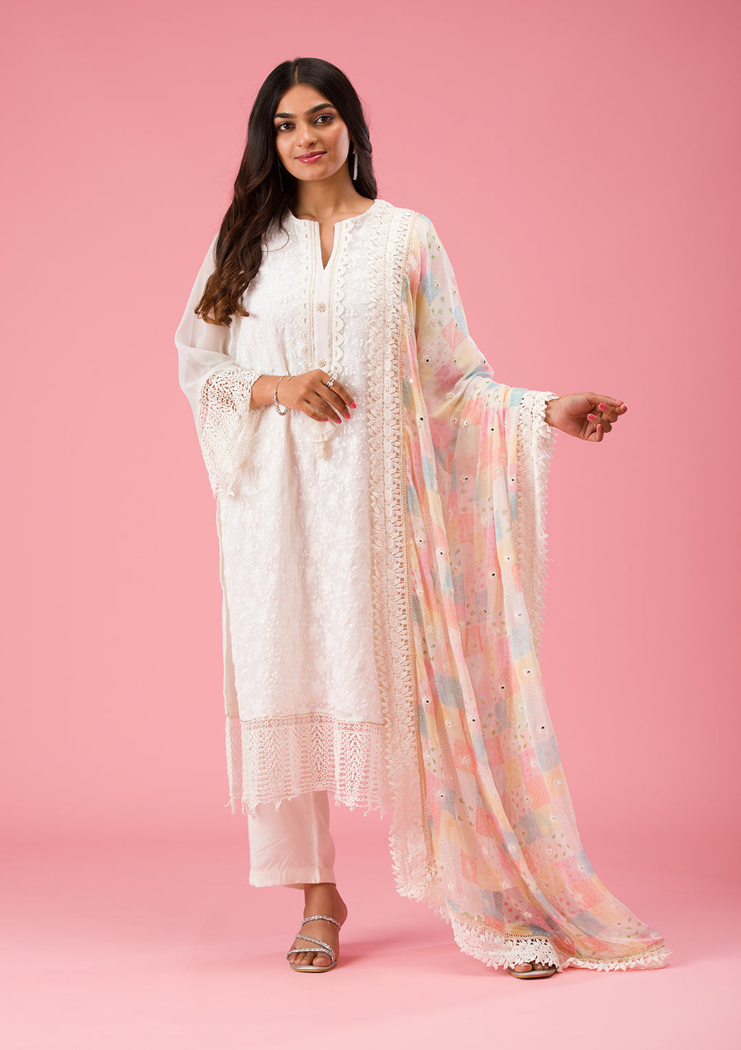 Cream Threadwork Georgette Unstitched Salwar Suit