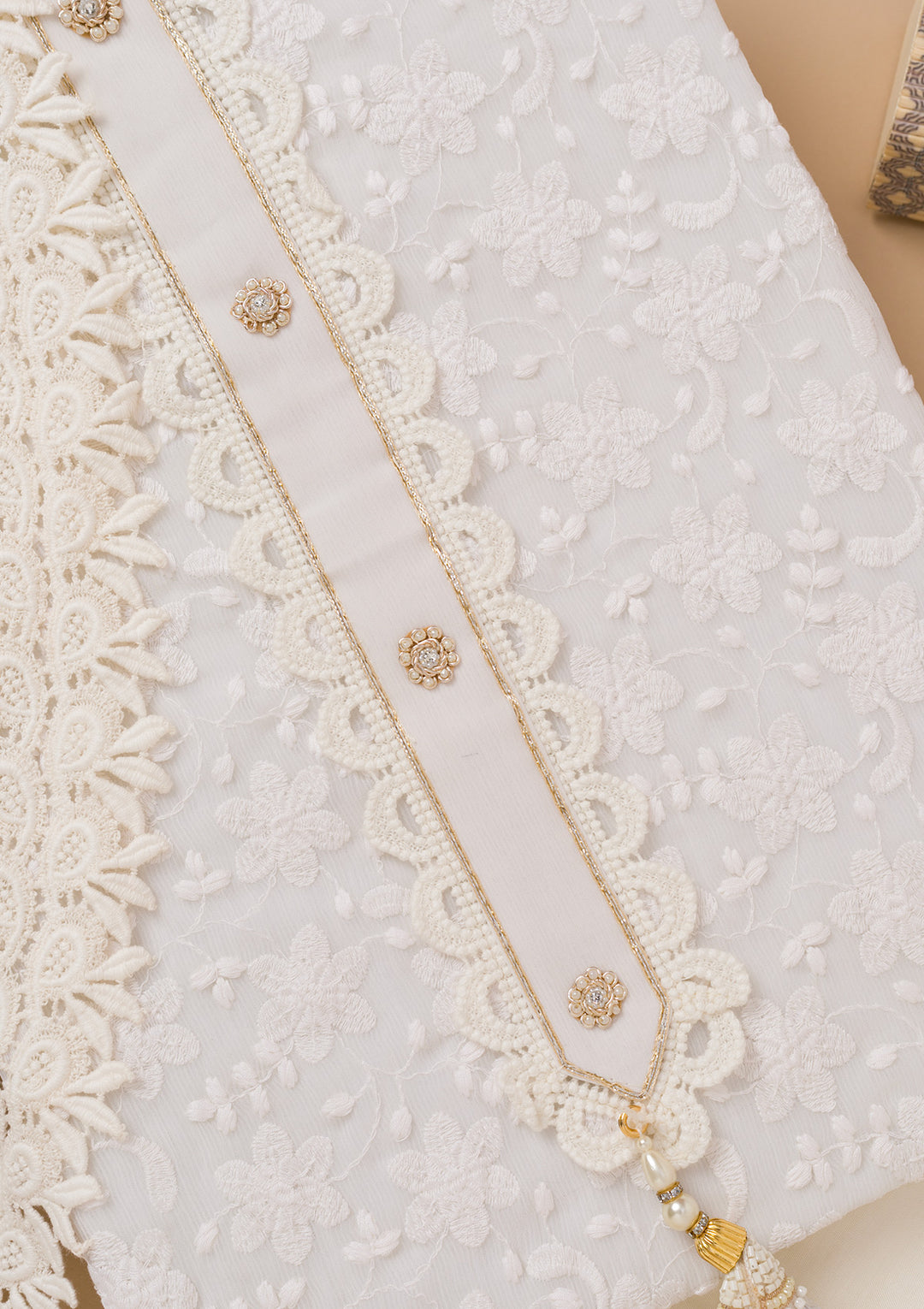 Cream Threadwork Georgette Unstitched Salwar Suit