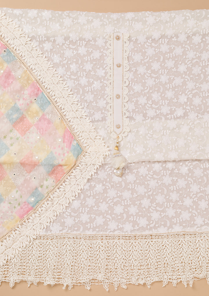 Cream Threadwork Georgette Unstitched Salwar Suit