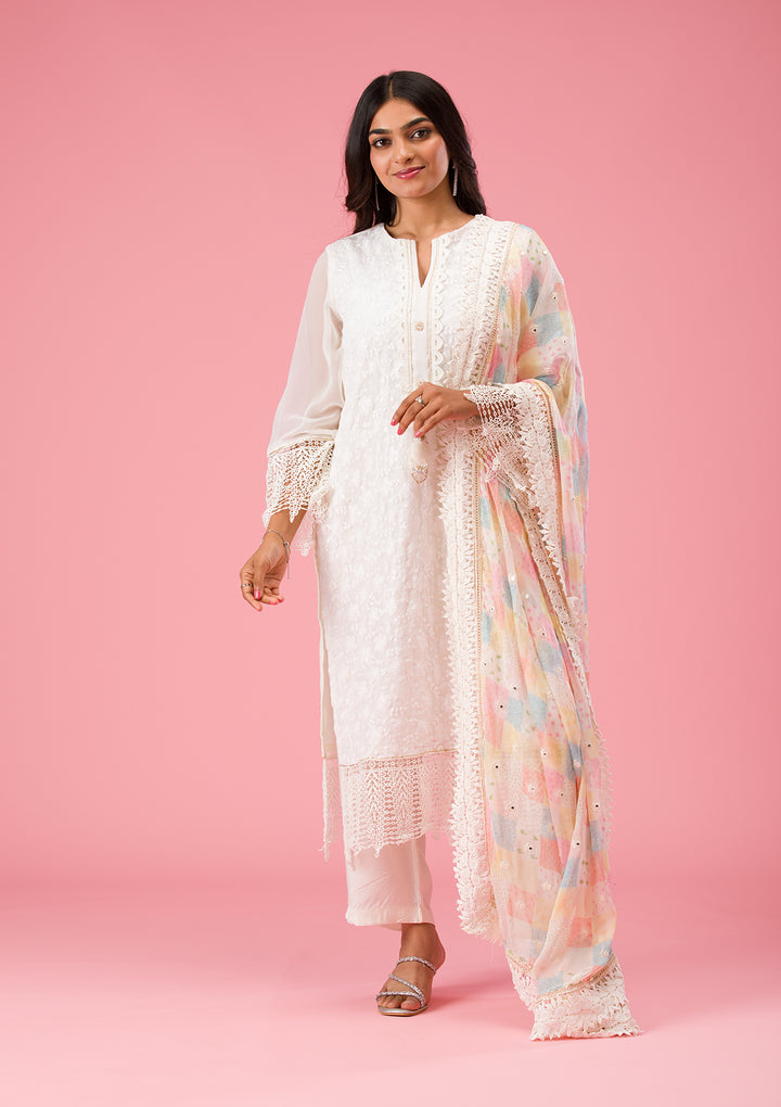 Cream Threadwork Georgette Unstitched Salwar Suit