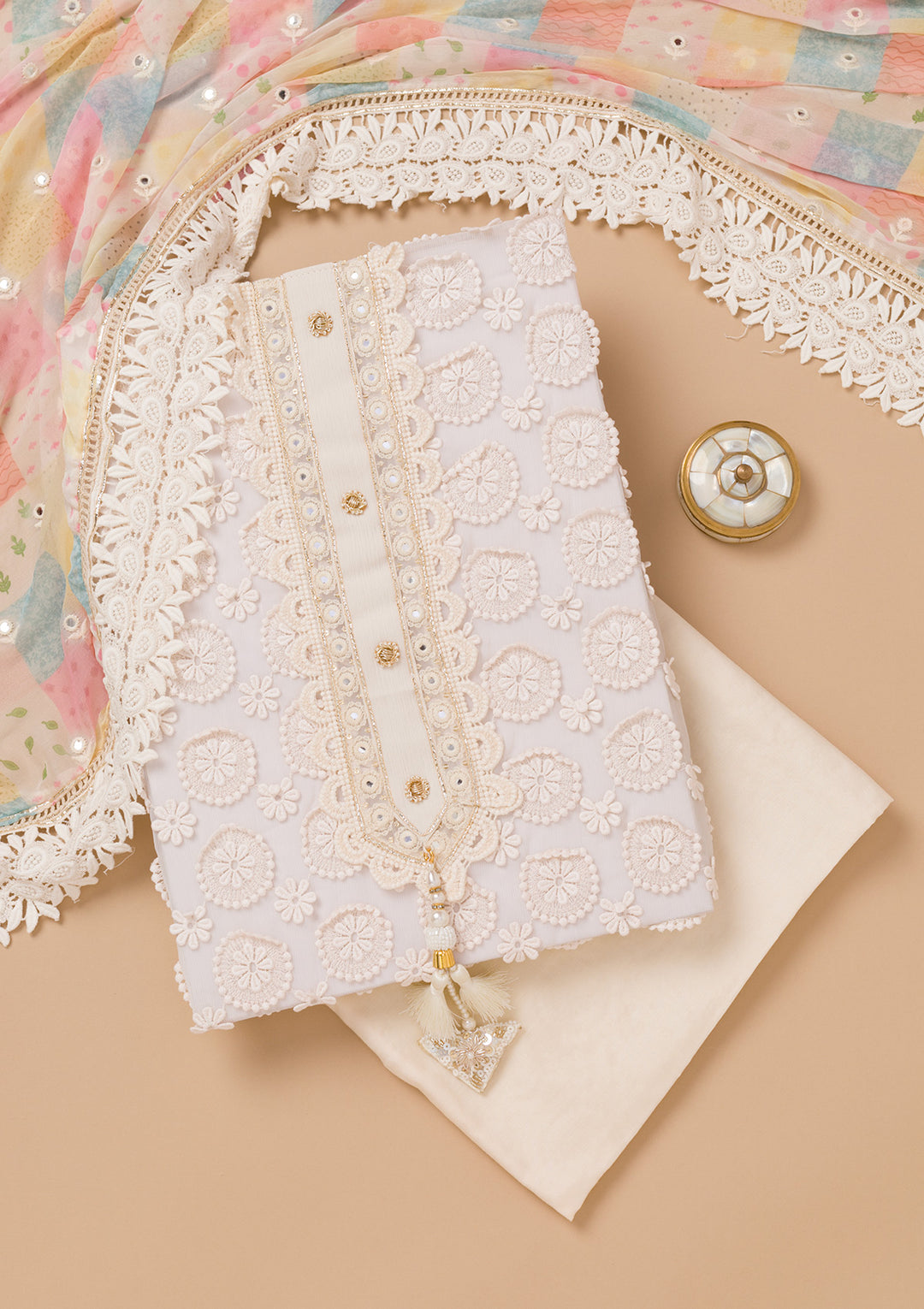 Cream Threadwork Georgette Unstitched Salwar Suit