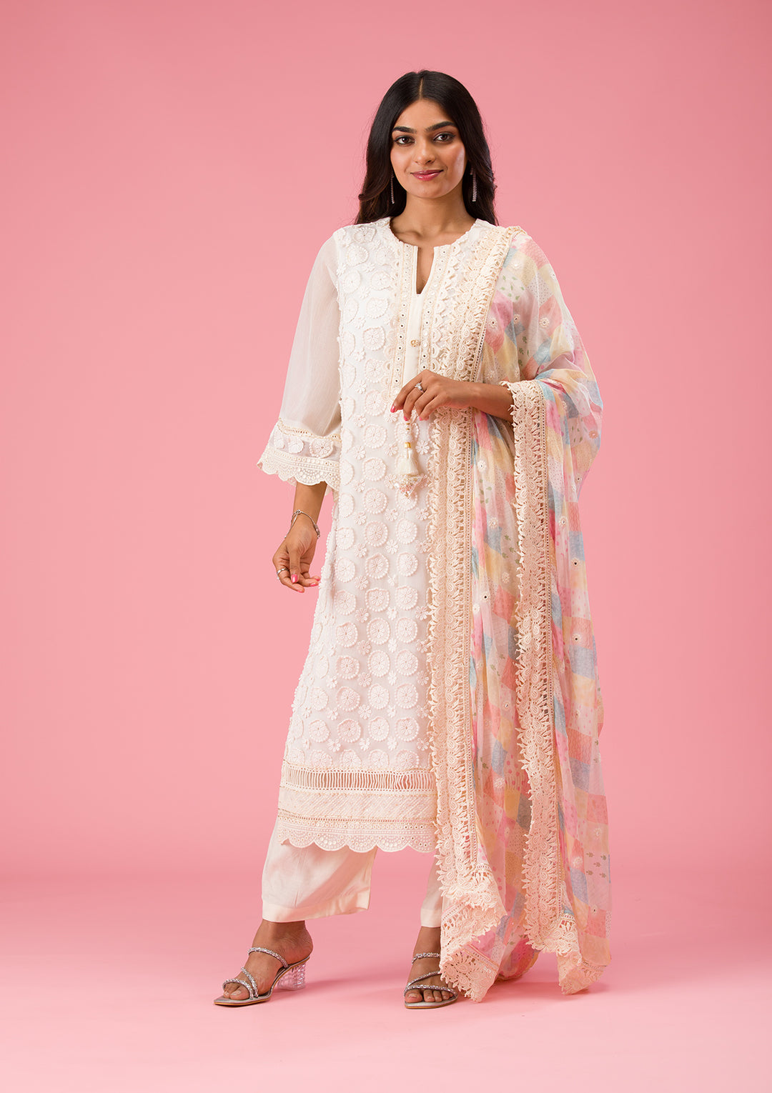 Cream Threadwork Georgette Unstitched Salwar Suit